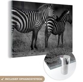 MuchoWow® Glasschilderij 90x60 cm - Schilderij acrylglas - Zebra's op de savanne - zwart wit - Foto op glas - Schilderijen