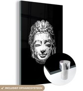 MuchoWow® Glasschilderij 120x180 cm - Schilderij acrylglas - Hoofd van een gouden Boeddha - zwart wit - Foto op glas - Schilderijen