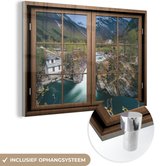MuchoWow® Glasschilderij 120x80 cm - Schilderij acrylglas - Doorkijk - Berg - Water - Foto op glas - Schilderijen