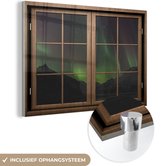 MuchoWow® Glasschilderij 120x80 cm - Schilderij acrylglas - Doorkijk - Berg - Noorderlicht - Foto op glas - Schilderijen