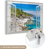 MuchoWow® Glasschilderij 150x100 cm - Schilderij acrylglas - Doorkijk - Zee - Rotsen - Foto op glas - Schilderijen