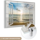 MuchoWow® Glasschilderij 90x60 cm - Schilderij acrylglas - Doorkijk - Zon - Zee - Foto op glas - Schilderijen