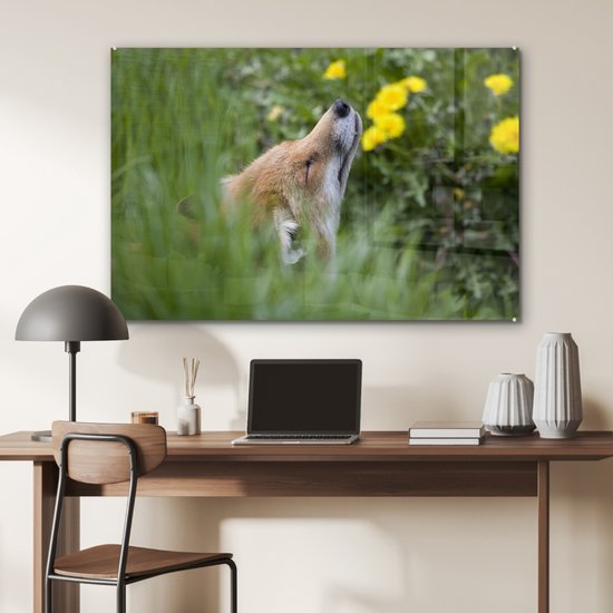 MuchoWow® Peinture sur Verre - Renard - Fleurs - Jaune - 90x60 cm - Peintures sur Verre Acrylique - Photo sur Glas