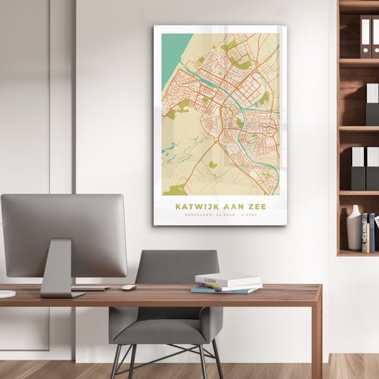 MuchoWow® Peinture sur verre 80x120 cm - Peinture sur verre acrylique - Carte - Katwijk aan Zee - Vintage - Photo sur verre - Peintures - Plan de la ville