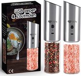 TEN® USB 2-in-1 Peper & Zoutmolen set - Inclusief USB kabel - Oplaadbaar - Pepermolen elektrisch oplaadbaar - BBQ - Zilver