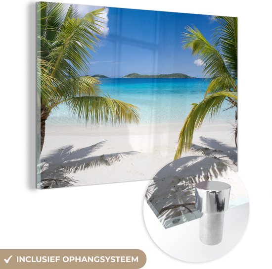 MuchoWow® Glasschilderij 90x60 cm - Schilderij acrylglas - Strand - Palmen - Tropisch - Foto op glas - Schilderijen