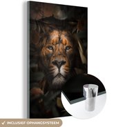 MuchoWow® Glasschilderij 60x90 cm - Schilderij acrylglas - Leeuw - Jungle - Zwart - Foto op glas - Schilderijen