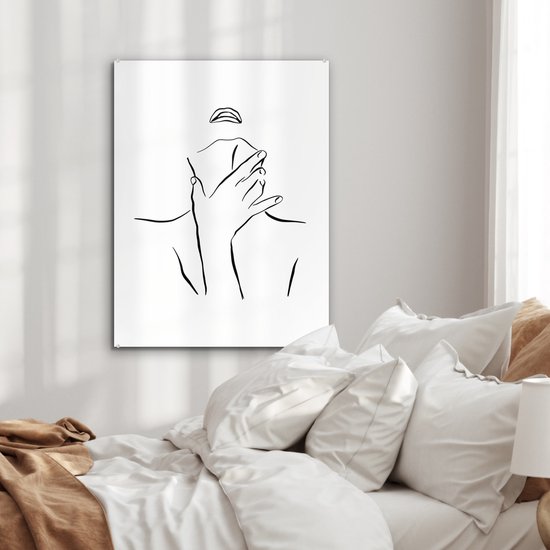 MuchoWow® Glasschilderij 60x80 cm - Schilderij acrylglas - Abstracte line art van een vrouw met een hand op haar nek - Foto op glas - Schilderijen