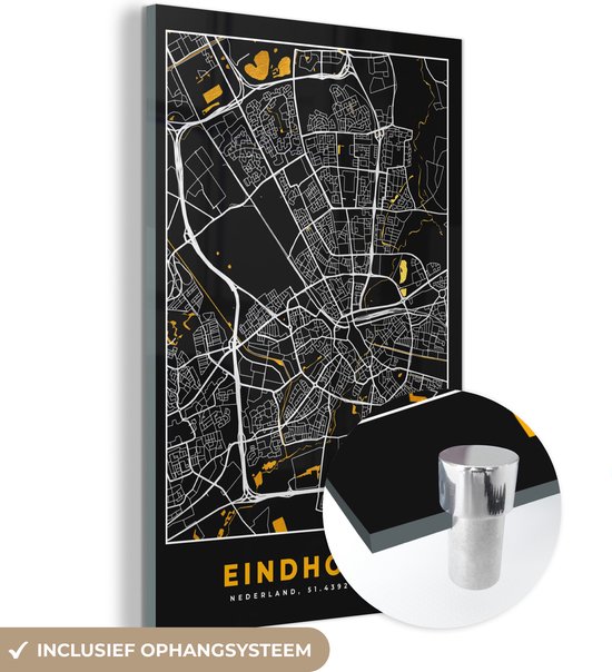 Peinture sur Verre - Carte - Eindhoven - Or - Zwart - 60x90 cm - Peintures sur Verre Peintures - Photo sur Glas - Plan de la Ville