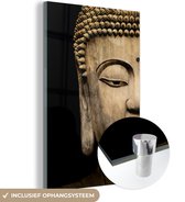 MuchoWow® Glasschilderij 80x120 cm - Schilderij acrylglas - Boeddha hoofd - Standbeeld - Zwart - Foto op glas - Schilderijen
