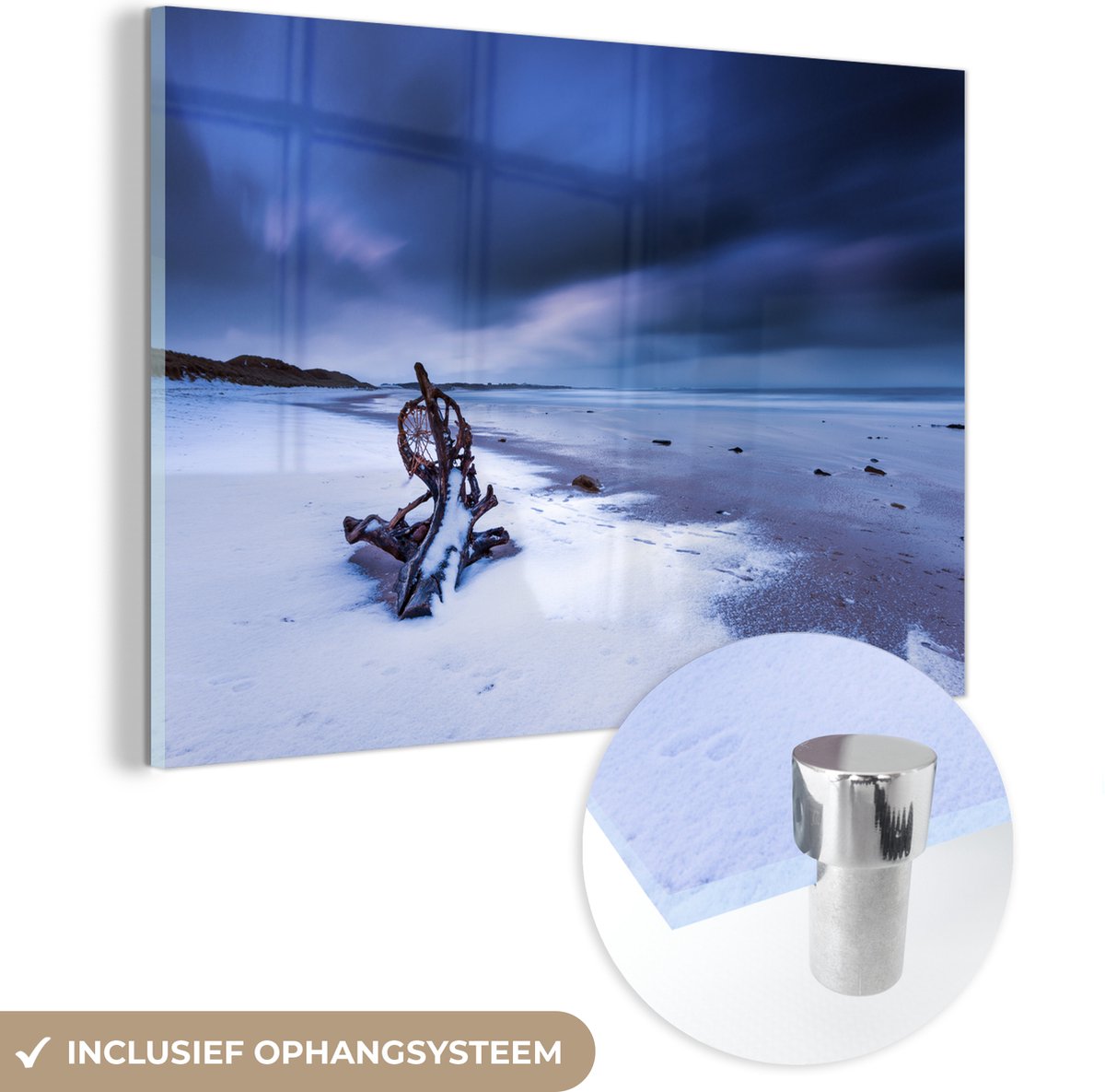® Glasschilderij 60x40 cm - Schilderij acrylglas - Boomstam op het besneeuwde strand in he