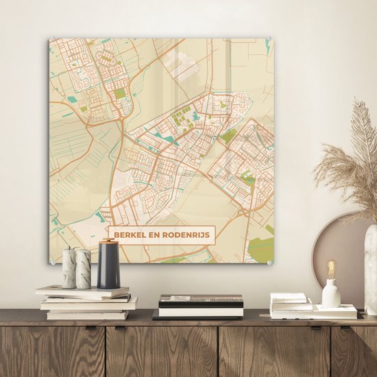 Peinture sur Verre - Carte de la Ville - Berkel en Rodenrijs - Vintage - 50x50 cm - Peintures sur Verre Peintures - Photo sur Glas