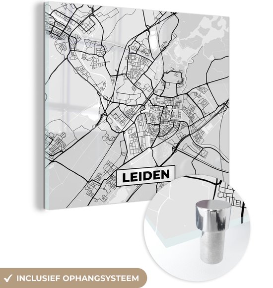 MuchoWow® Peinture sur verre 90x90 cm - Peinture sur verre acrylique - Plan de la ville - Leiden - Grijs - Wit - Photo sur verre - Peintures - Carte
