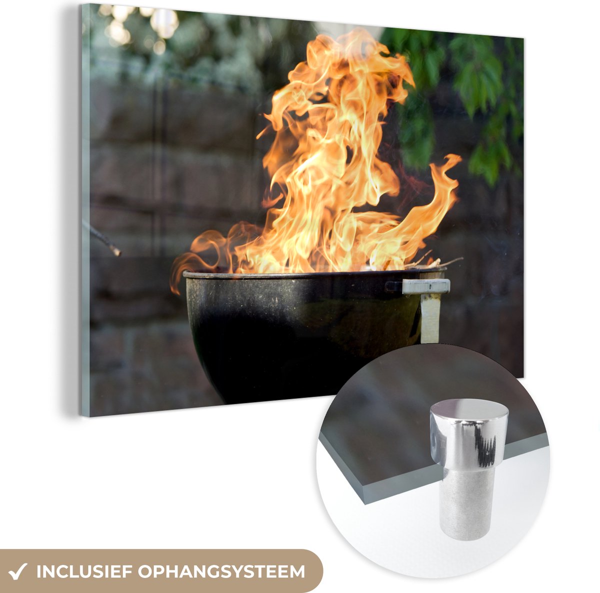 MuchoWow® Glasschilderij 60x40 cm - Schilderij acrylglas - BBQ - Vuur - Buiten - Foto op g
