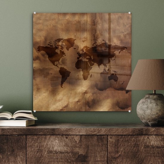 MuchoWow® Glasschilderij 50x50 cm - Schilderij acrylglas - Wereldkaart - Retro - Bruin - Foto op glas - Schilderijen