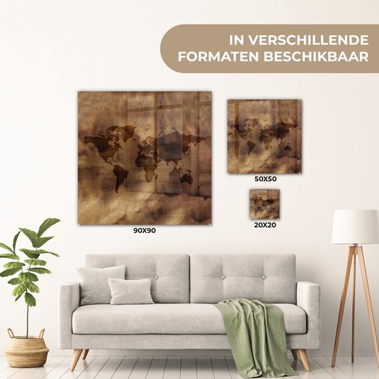MuchoWow® Glasschilderij 50x50 cm - Schilderij acrylglas - Wereldkaart - Retro - Bruin - Foto op glas - Schilderijen