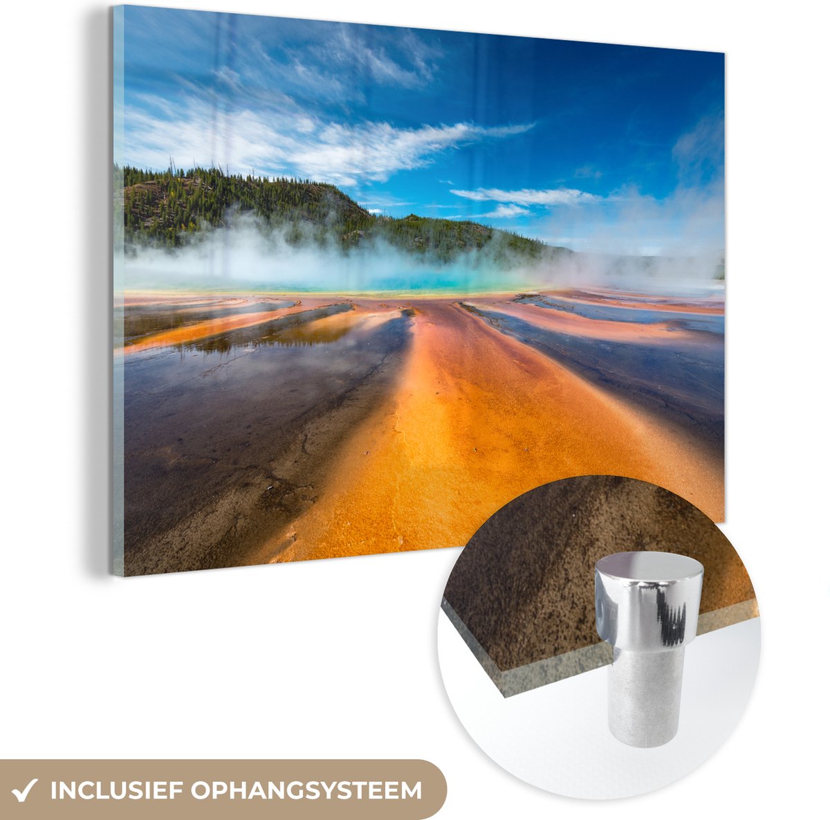 ® Glasschilderij 90x60 cm - Schilderij acrylglas - Een gele weg die naar de geiser leidt i