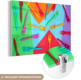 MuchoWow® Glasschilderij 150x100 cm - Schilderij acrylglas - Overzicht van vele gekleurde vorken - Foto op glas - Schilderijen