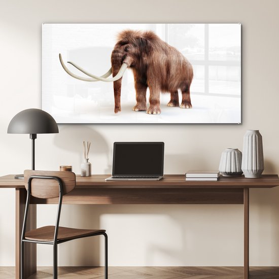 ® Glasschilderij 120x60 cm - Schilderij acrylglas - Illustratie van een Mammoet tegen een witte achtergrond - Foto op glas - Muurdecoratie woonkamer - Wanddecoratie slaapkamer - Schilderijen