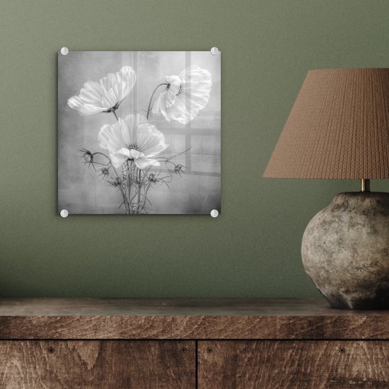 MuchoWow® Peinture sur verre 20x20 cm - Peinture sur verre acrylique - Nature morte - Fleurs - Zwart et blanc - Coquelicot - Botanique - Photo sur verre - Décoration murale salon - Décoration murale chambre - Peintures