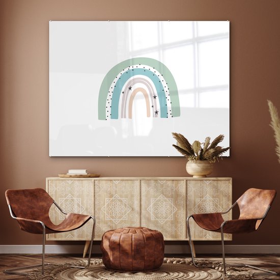 MuchoWow® Peinture sur verre 160x120 cm - Peinture sur verre acrylique - Arc-en-ciel - Enfants - Étoiles - Points - Pastel - Photo sur verre - Peintures