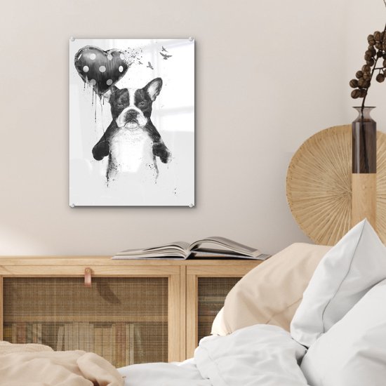 MuchoWow® Glasschilderij 30x40 cm - Schilderij acrylglas - Hond - Ballon - Stippen - Vogels - Foto op glas - Schilderijen