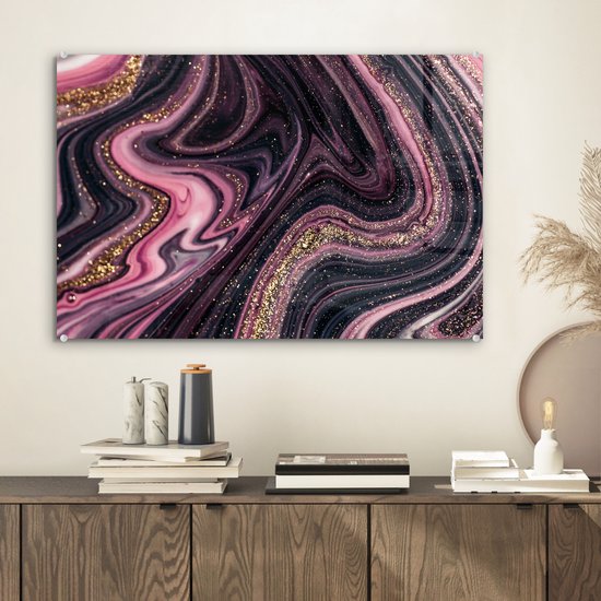 MuchoWow® Peinture sur verre 60x40 cm - Peinture sur verre acrylique - Aspect marbre - Rose - Violet - Or - Luxe - Marbre - Photo sur verre - Peintures