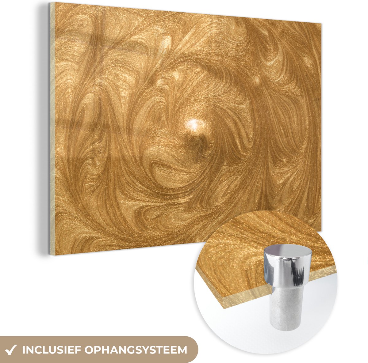 ® Glasschilderij 150x100 cm - Schilderij acrylglas - Cirkel - Gouden - Verf - Foto op glas - Muurdecoratie woonkamer - Wanddecoratie slaapkamer - Schilderijen