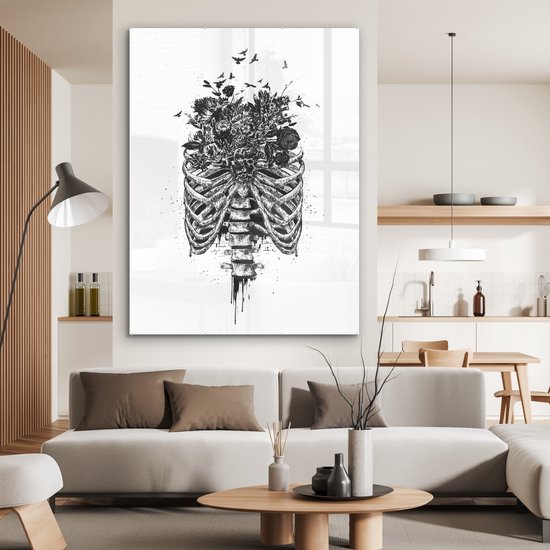 MuchoWow® Glasschilderij 120x160 cm - Schilderij acrylglas - Ribben - Bloemen - Vogels - Natuur - Foto op glas - Schilderijen