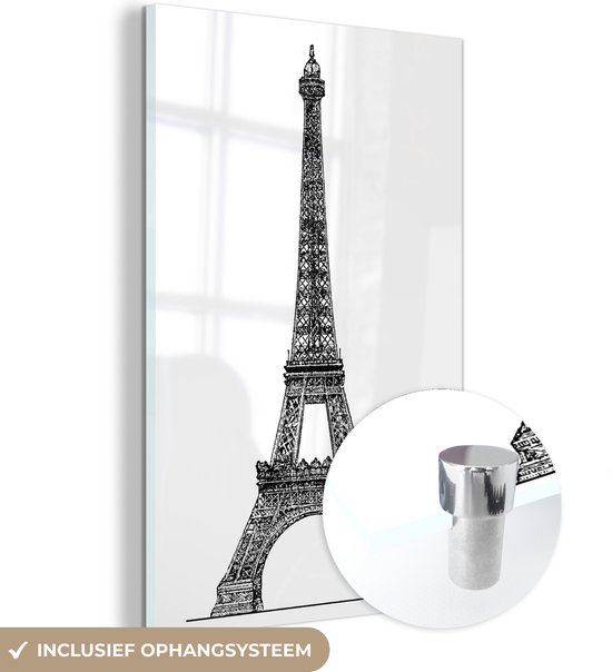 MuchoWow® Glasschilderij 20x30 cm - Schilderij acrylglas - Een illustratie van de Eiffeltoren in het zwart-wit - Foto op glas - Schilderijen