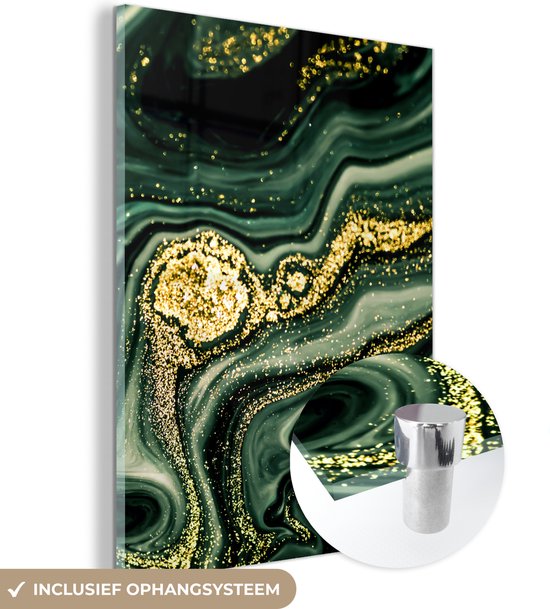 MuchoWow® Glasschilderij 60x80 cm - Schilderij acrylglas - Marmer - Goud - Glitter - Groen - Marmerlook - Luxe - Foto op glas - Schilderijen