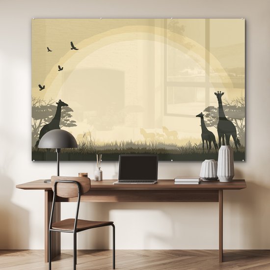 ® Glasschilderij 150x100 cm - Schilderij acrylglas - Een illustratie van een Afrikaanse safari als achtergrond met giraffen - Foto op glas - Muurdecoratie woonkamer - Wanddecoratie slaapkamer - Schilderijen