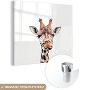 MuchoWow® Glasschilderij 50x50 cm - Schilderij acrylglas - Wilde dieren - Giraffe - Kinderen - Jongen - Dieren - Foto op glas - Schilderijen