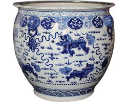 The Ming Garden Collection | Chinees Porselein | Extra Grote Ronde Bloempot Met Foo-dogs | Blauw & Wit