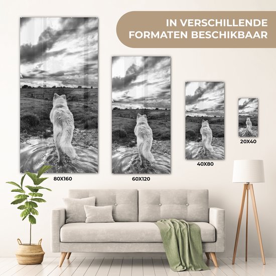 MuchoWow® Glasschilderij 80x160 cm - Schilderij acrylglas - Wolf uitkijkend over landschap in zwart-wit - Foto op glas - Schilderijen