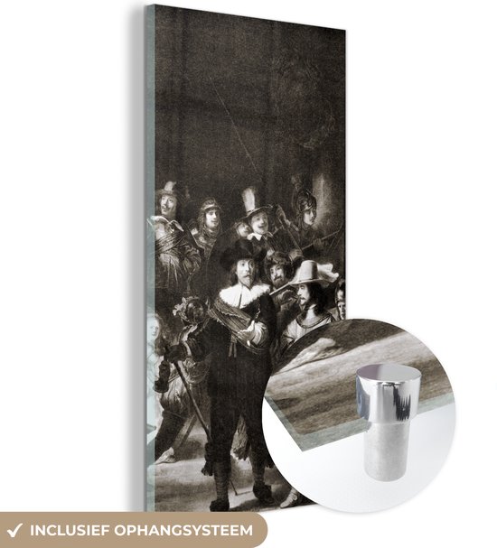MuchoWow® Glasschilderij 40x80 cm - Schilderij acrylglas - De Nachtwacht in zwart-wit - Schilderij van Rembrandt van Rijn - Foto op glas - Schilderijen