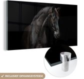 MuchoWow® Glasschilderij 80x40 cm - Schilderij acrylglas - Paard - Dier - Zwart - Foto op glas - Schilderijen