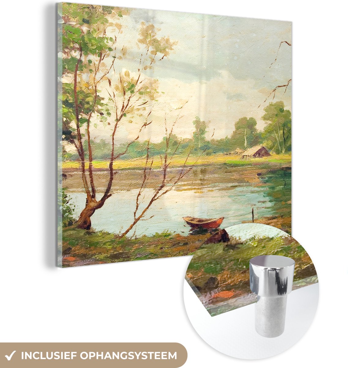 ® Glasschilderij 90x90 cm - Schilderij acrylglas - Boot - Zomer - Olieverf - Foto op glas - Muurdecoratie woonkamer - Wanddecoratie slaapkamer - Schilderijen