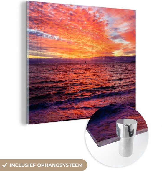 MuchoWow® Glasschilderij 50x50 cm - Schilderij acrylglas - Zonsondergang - Strand - Rood - Foto op glas - Schilderijen