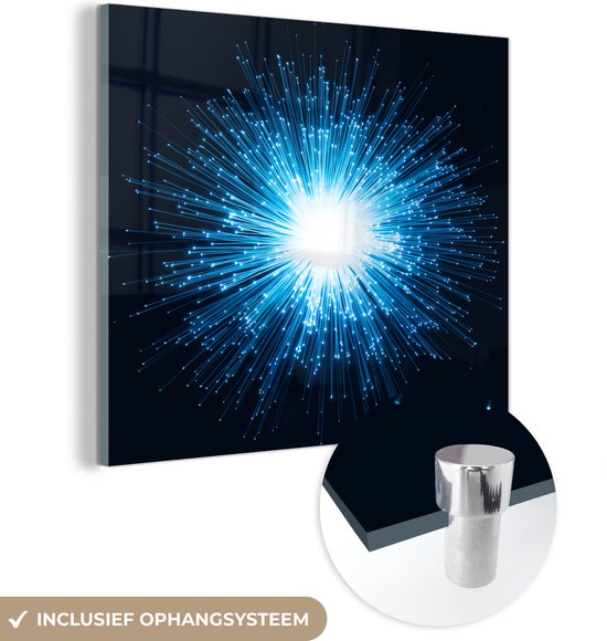 MuchoWow® Glasschilderij 20x20 cm - Schilderij acrylglas - Blauwe gloed van glasvezel in een donkere kamer - Foto op glas - Schilderijen