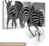 MuchoWow® Glasschilderij 80x40 cm - Schilderij acrylglas - Lopende zebra's - Foto op glas - Schilderijen