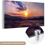 MuchoWow® Glasschilderij 40x20 cm - Schilderij acrylglas - Zonsondergang op de heide - Foto op glas - Schilderijen