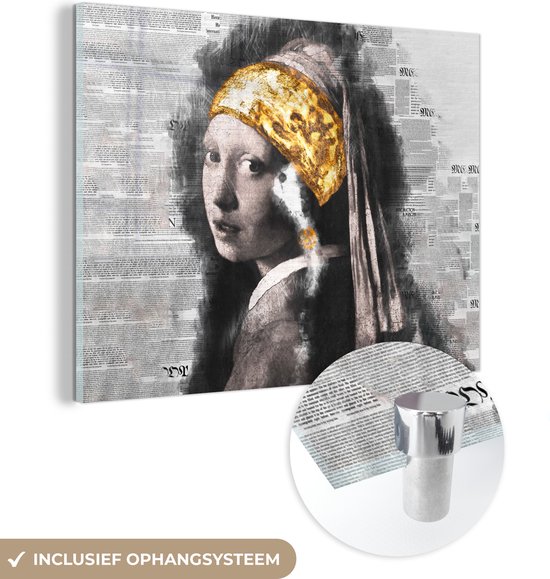 MuchoWow® Glasschilderij 40x30 cm - Schilderij acrylglas - Meisje met de parel - Vermeer - Collage - Foto op glas - Schilderijen