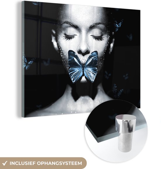 MuchoWow® Tableau sur Verre - Femme - Papillon - Luxe - 40x30 cm - Peintures sur Verre Acrylique - Photo sur Glas