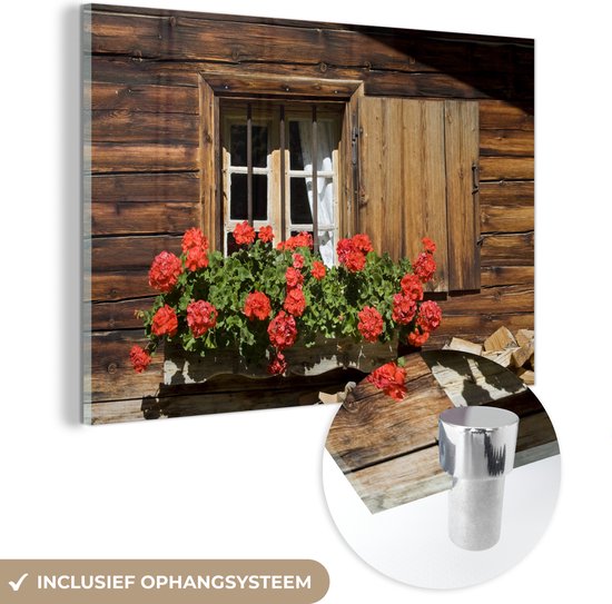 Fenêtre avec des fleurs de géranium en fleurs Le parfum caractéristique du géranium est un ingrédient populaire pour les parfums épicés Plexiglas 120x80 cm - Tirage photo sur Glas (décoration murale en plexiglas)