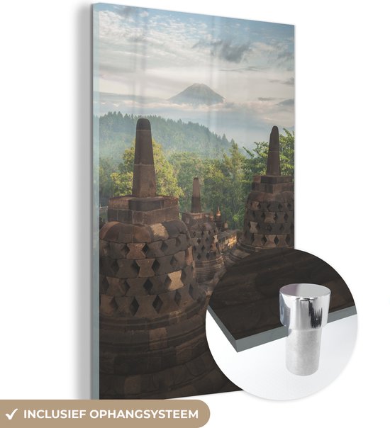 MuchoWow® Glasschilderij 60x90 cm - Schilderij acrylglas - Fantastisch uitzicht over de jungle vanaf de Borobudur - Foto op glas - Schilderijen
