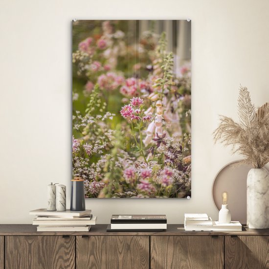 ® Glasschilderij 40x60 cm - Schilderij acrylglas - Romantisch beeld met akeleien - Foto op glas - Muurdecoratie woonkamer - Wanddecoratie slaapkamer - Schilderijen