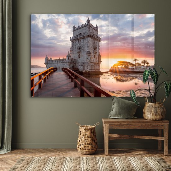 ® Glasschilderij 150x100 cm - Schilderij acrylglas - Torre de Belém met een zonsondergang - Foto op glas - Muurdecoratie woonkamer - Wanddecoratie slaapkamer - Schilderijen