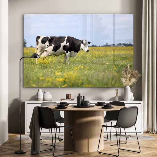 MuchoWow® Peinture sur verre 150x100 cm - Peinture sur verre acrylique - Vache - Herbe - Fleurs - Photo sur verre - Peintures