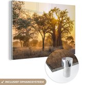 MuchoWow® Glasschilderij 30x20 cm - Schilderij acrylglas - Baobab boom in mistig landschap met opkomende zon - Foto op glas - Schilderijen